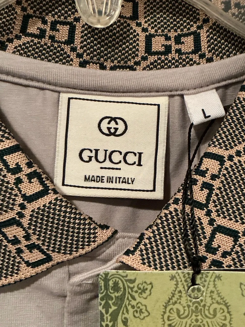 Gucci Men's Polo Shirt in Light Gray with Red and Green Trim